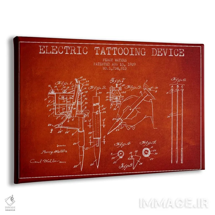 تابلو نقشهٔ ثبت اختراع دستگاه تاتو (قرمز) اثر پیکسل کهنه (استودیو/نام هنری) - نمای پرسپکتیو محصول