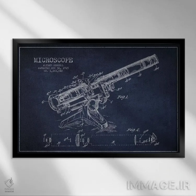 تابلو نقشهٔ ثبت اختراع میکروسکوپ آبی نفتی اثر پیکسل کهنه (استودیو/نام هنری) - نمای قابدار مشکی