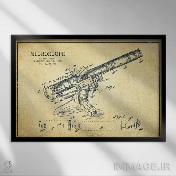 تابلو نقشهٔ ثبت اختراع میکروسکوپ (طرح کلاسیک) اثر پیکسل کهنه (استودیو/نام هنری) - نمای قابدار مشکی