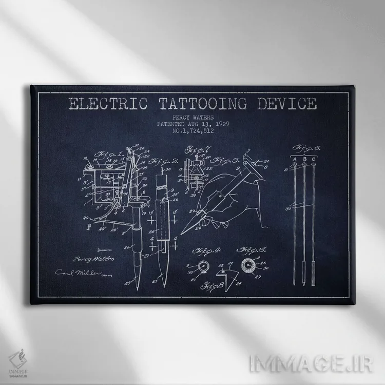 تابلو نقشهٔ ثبت اختراع دستگاه تاتو (آبی نفتی) اثر پیکسل کهنه (استودیو/نام هنری) - نمای روبهرو روی دیوار