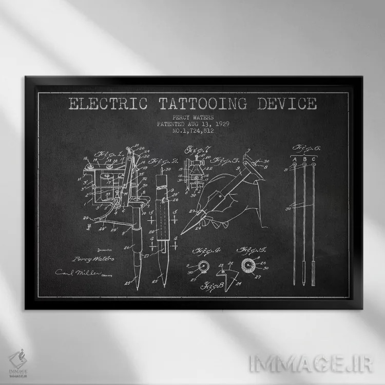 تابلو نقشهٔ ثبت اختراع دستگاه تاتو (زغالی) اثر پیکسل کهنه (استودیو/نام هنری) - نمای قابدار مشکی