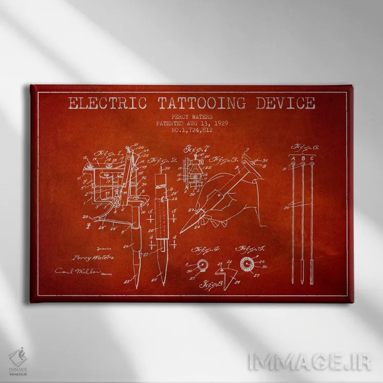 تابلو نقشهٔ ثبت اختراع دستگاه تاتو (قرمز) اثر پیکسل کهنه (استودیو/نام هنری) - نمای روبهرو روی دیوار