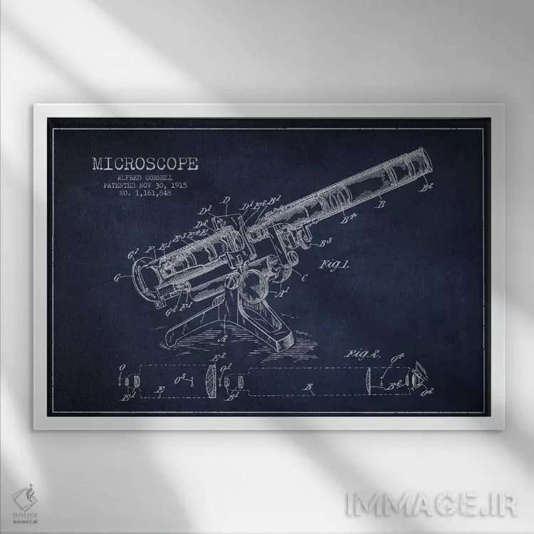 تابلو نقشهٔ ثبت اختراع میکروسکوپ آبی نفتی اثر پیکسل کهنه (استودیو/نام هنری) - نمای قابدار سفید