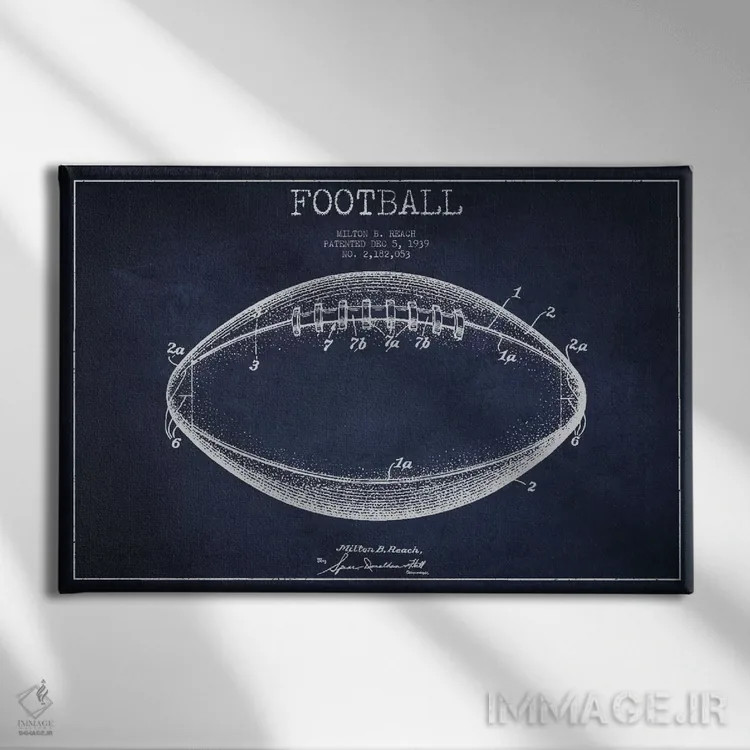تابلو نقشهٔ ثبت اختراع توپ فوتبال (آبی سرمهای) اثر پیکسل کهنه (استودیو/نام هنری) - نمای روبهرو روی دیوار