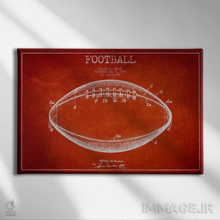 تابلو نقشهٔ ثبت اختراع توپ فوتبال (قرمز) اثر پیکسل کهنه (استودیو/نام هنری) - نمای روبهرو روی دیوار