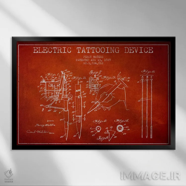 تابلو نقشهٔ ثبت اختراع دستگاه تاتو (قرمز) اثر پیکسل کهنه (استودیو/نام هنری) - نمای قابدار مشکی