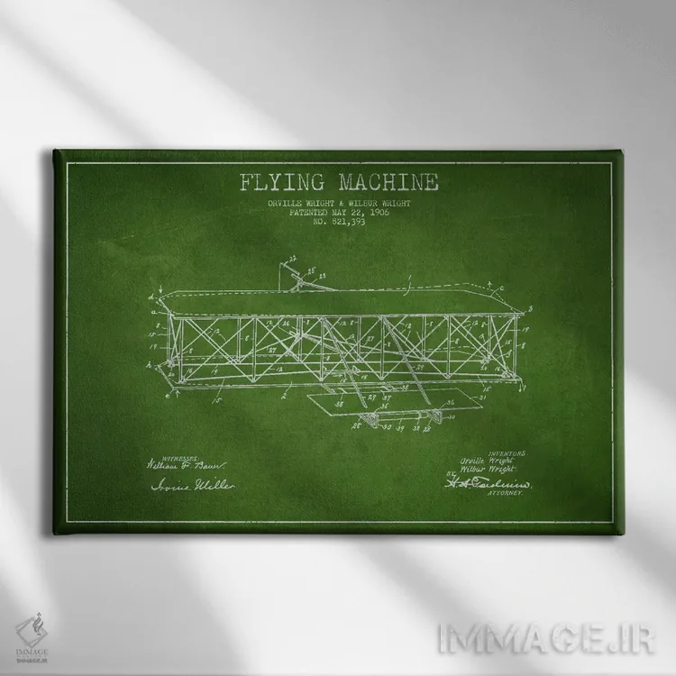 تابلو نقشهٔ ثبت اختراع هواپیما (سبز) اثر پیکسل کهنه (استودیو/نام هنری) - نمای روبهرو روی دیوار