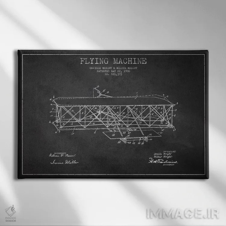 تابلو نقشهٔ ثبت اختراع هواپیما (زغالی) اثر پیکسل کهنه (استودیو/نام هنری) - نمای روبهرو روی دیوار
