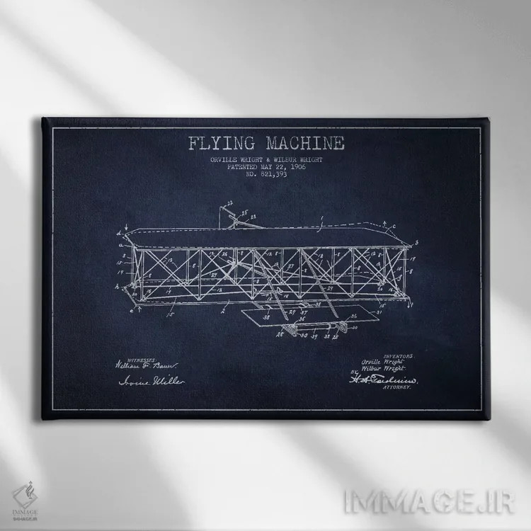 تابلو نقشهٔ ثبت اختراع هواپیما (آبی نفتی) اثر پیکسل کهنه (استودیو/نام هنری) - نمای روبهرو روی دیوار