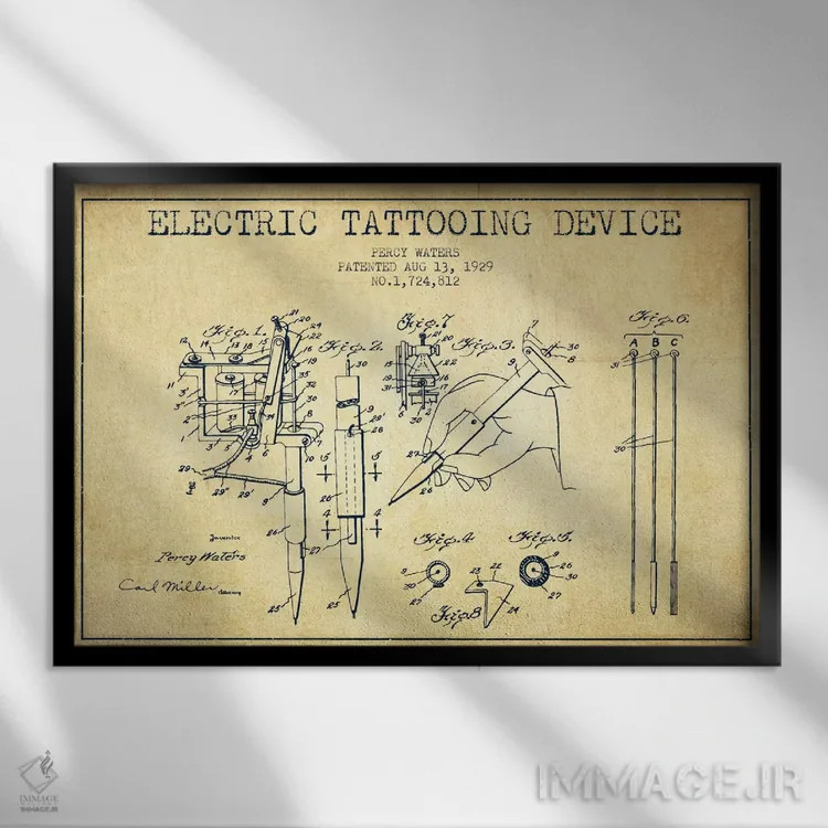 تابلو نقشهٔ ثبت اختراع دستگاه تاتو (قدیمی) اثر پیکسل کهنه (استودیو/نام هنری) - نمای قابدار مشکی