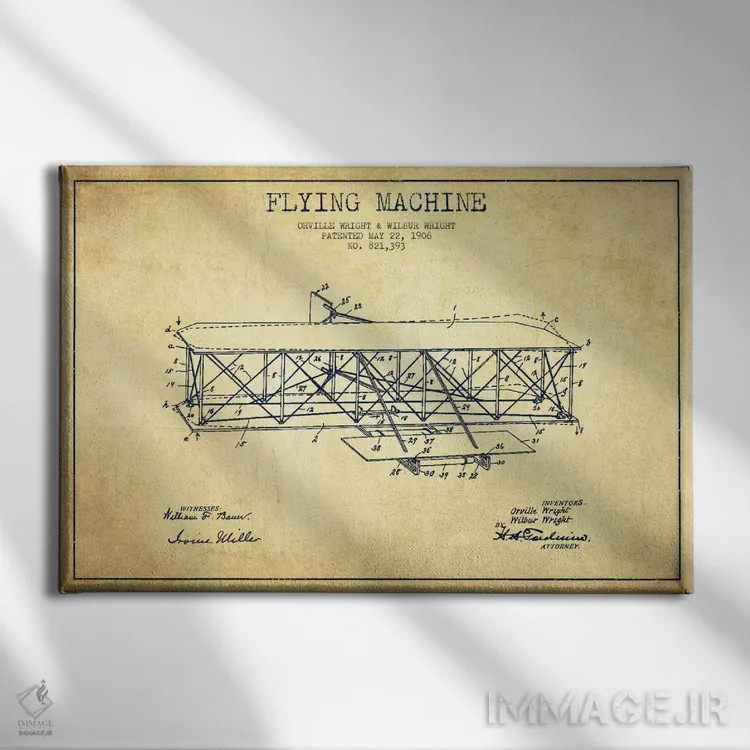 تابلو نقشهٔ ثبت اختراع قدیمی هواپیما اثر پیکسل کهنه (استودیو/نام هنری) - نمای روبهرو روی دیوار