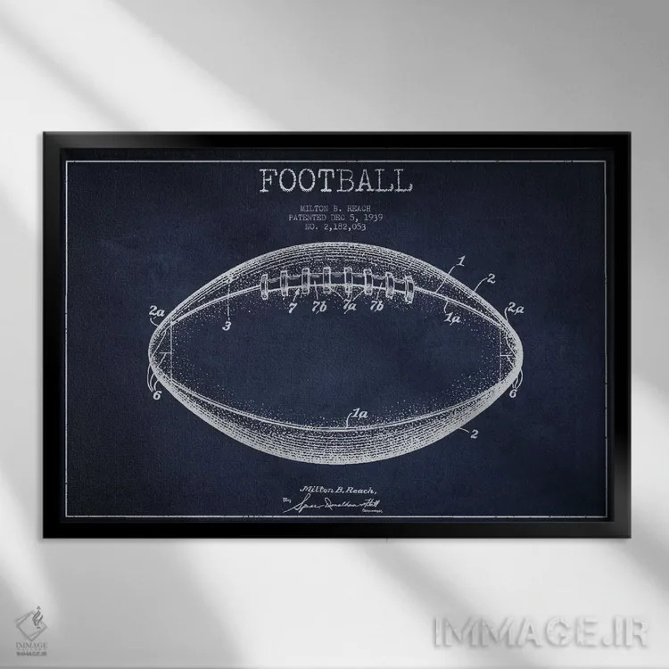 تابلو نقشهٔ ثبت اختراع توپ فوتبال (آبی سرمهای) اثر پیکسل کهنه (استودیو/نام هنری) - نمای قابدار مشکی