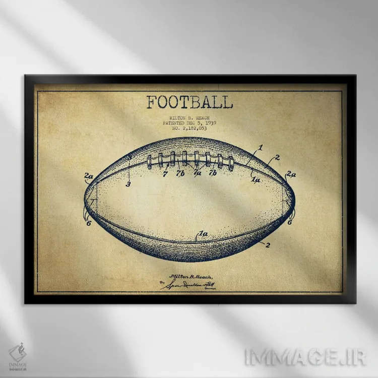 تابلو نقشهٔ ثبت اختراع توپ فوتبال قدیمی اثر پیکسل کهنه (استودیو/نام هنری) - نمای قابدار مشکی