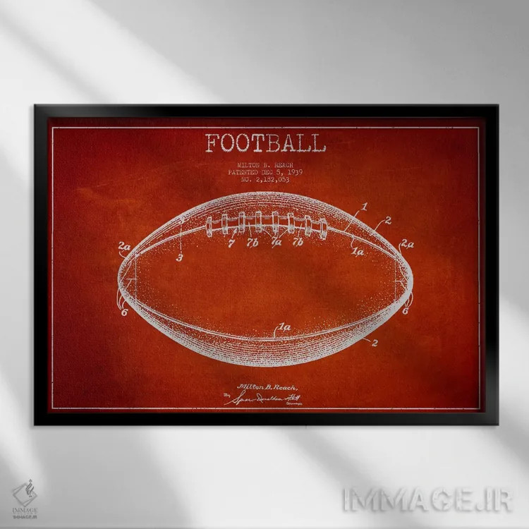 تابلو نقشهٔ ثبت اختراع توپ فوتبال (قرمز) اثر پیکسل کهنه (استودیو/نام هنری) - نمای قابدار مشکی