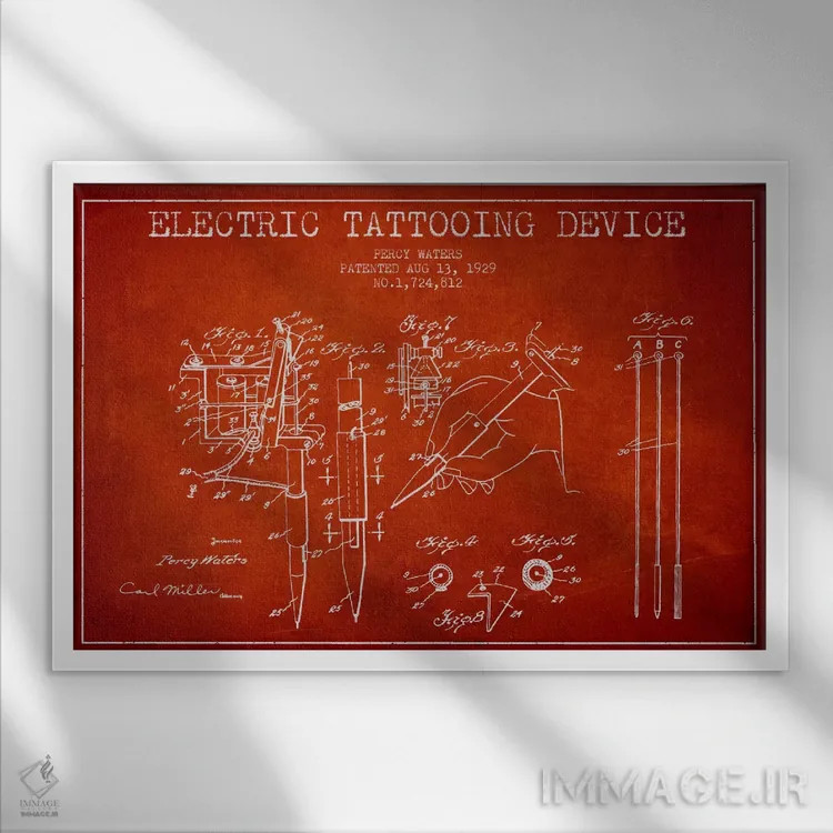 تابلو نقشهٔ ثبت اختراع دستگاه تاتو (قرمز) اثر پیکسل کهنه (استودیو/نام هنری) - نمای قابدار سفید