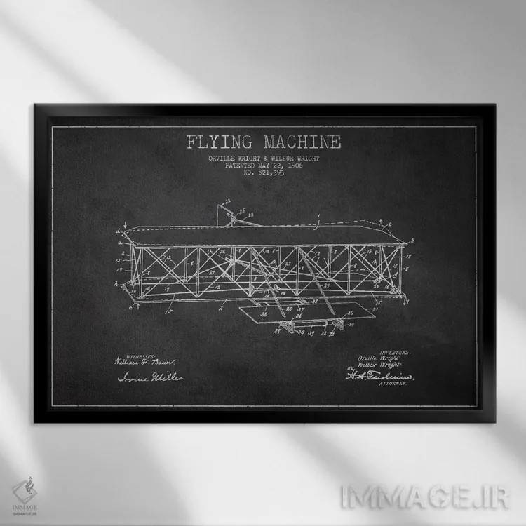 تابلو نقشهٔ ثبت اختراع هواپیما (زغالی) اثر پیکسل کهنه (استودیو/نام هنری) - نمای قابدار مشکی
