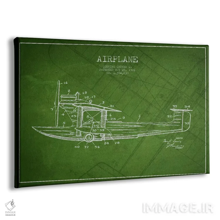 تابلو نقشهٔ ثبت اختراع هواپیما (سبز) اثر پیکسل کهنه (استودیو/نام هنری) - نمای پرسپکتیو محصول