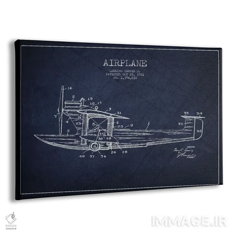 تابلو نقشهٔ ثبت اختراع هواپیما (آبی نفتی) اثر پیکسل کهنه (استودیو/نام هنری) - نمای پرسپکتیو محصول