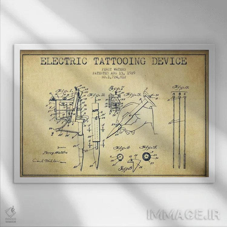تابلو نقشهٔ ثبت اختراع دستگاه تاتو (قدیمی) اثر پیکسل کهنه (استودیو/نام هنری) - نمای قابدار سفید