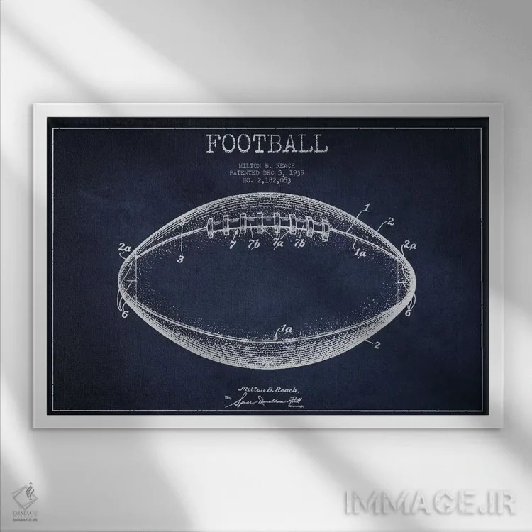 تابلو نقشهٔ ثبت اختراع توپ فوتبال (آبی سرمهای) اثر پیکسل کهنه (استودیو/نام هنری) - نمای قابدار سفید