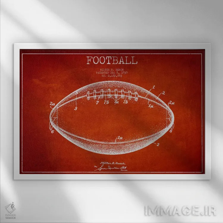 تابلو نقشهٔ ثبت اختراع توپ فوتبال (قرمز) اثر پیکسل کهنه (استودیو/نام هنری) - نمای قابدار سفید