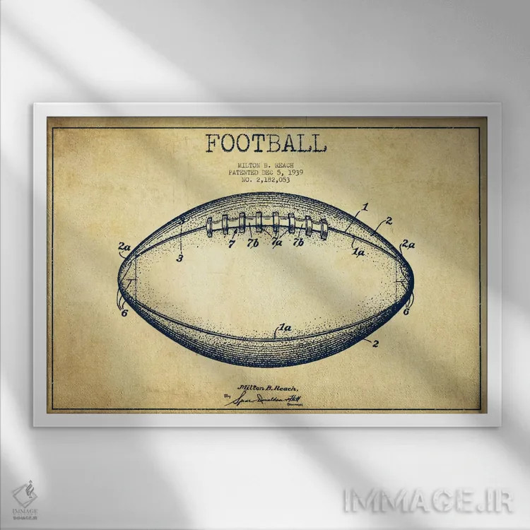 تابلو نقشهٔ ثبت اختراع توپ فوتبال قدیمی اثر پیکسل کهنه (استودیو/نام هنری) - نمای قابدار سفید