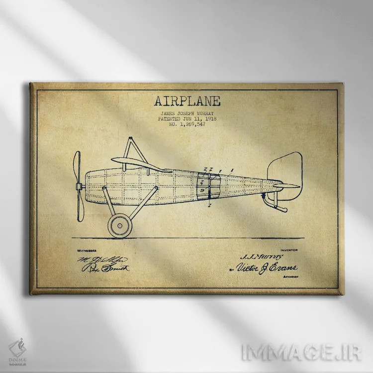 تابلو نقشهٔ ثبت اختراع قدیمی هواپیما اثر پیکسل کهنه (استودیو/نام هنری) - نمای روبهرو روی دیوار