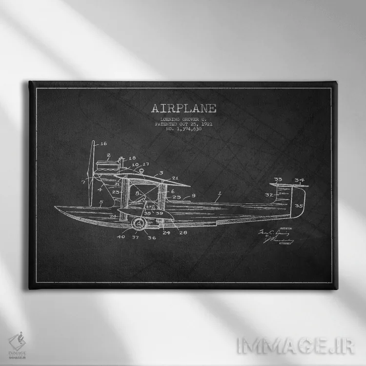 تابلو نقشهٔ ثبت اختراع هواپیما (زغالی) اثر پیکسل کهنه (استودیو/نام هنری) - نمای روبهرو روی دیوار