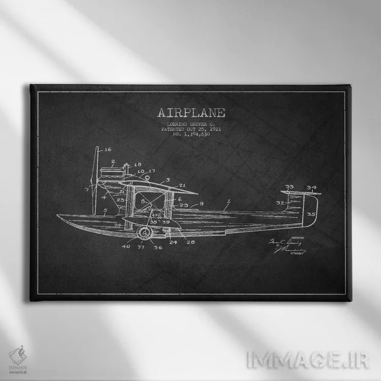 تابلو نقشهٔ ثبت اختراع هواپیما (زغالی) اثر پیکسل کهنه (استودیو/نام هنری) - نمای روبهرو روی دیوار