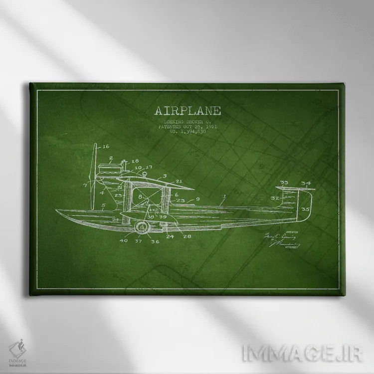 تابلو نقشهٔ ثبت اختراع هواپیما (سبز) اثر پیکسل کهنه (استودیو/نام هنری) - نمای روبهرو روی دیوار