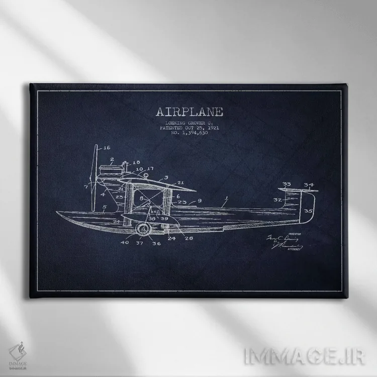 تابلو نقشهٔ ثبت اختراع هواپیما (آبی نفتی) اثر پیکسل کهنه (استودیو/نام هنری) - نمای روبهرو روی دیوار