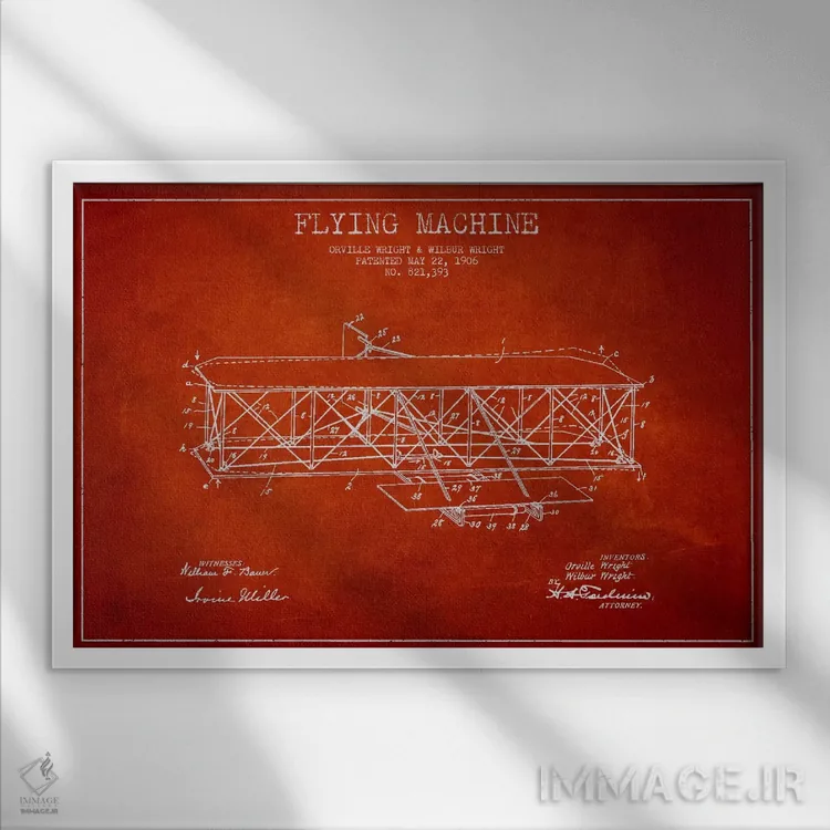 تابلو نقشهٔ ثبت اختراع هواپیما (قرمز) اثر پیکسل کهنه (استودیو/نام هنری) - نمای قابدار سفید