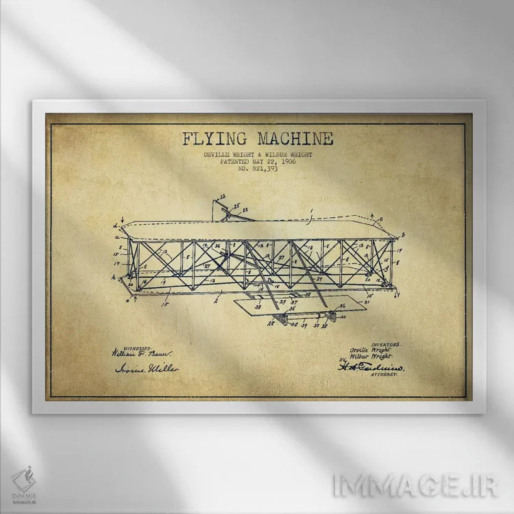 تابلو نقشهٔ ثبت اختراع قدیمی هواپیما اثر پیکسل کهنه (استودیو/نام هنری) - نمای قابدار سفید