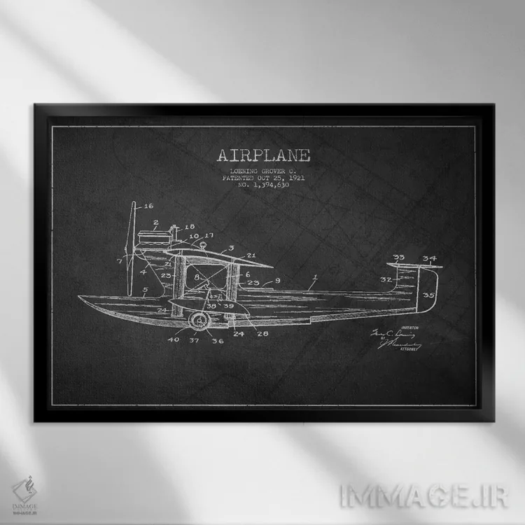 تابلو نقشهٔ ثبت اختراع هواپیما (زغالی) اثر پیکسل کهنه (استودیو/نام هنری) - نمای قابدار مشکی