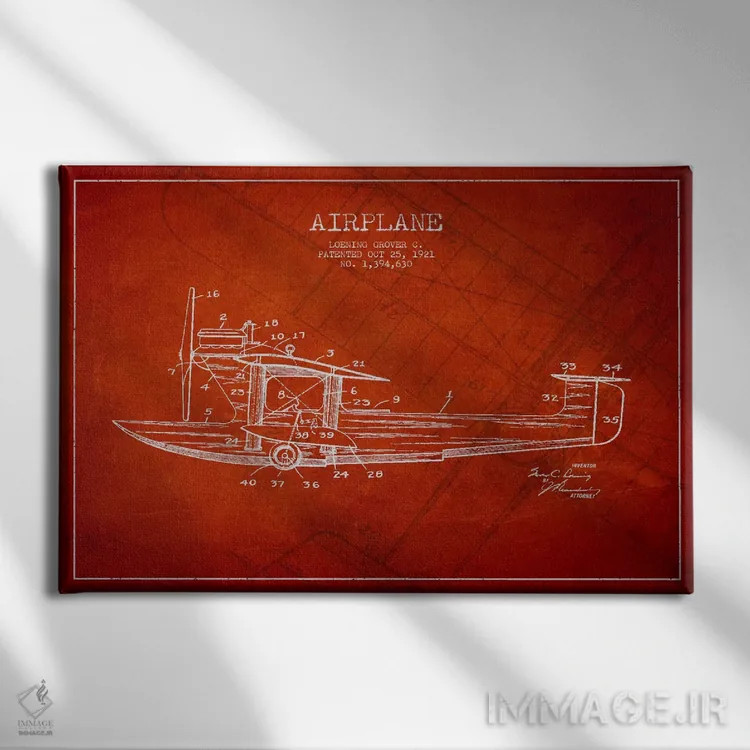 تابلو نقشهٔ ثبت اختراع هواپیما (قرمز) اثر پیکسل کهنه (استودیو/نام هنری) - نمای روبهرو روی دیوار