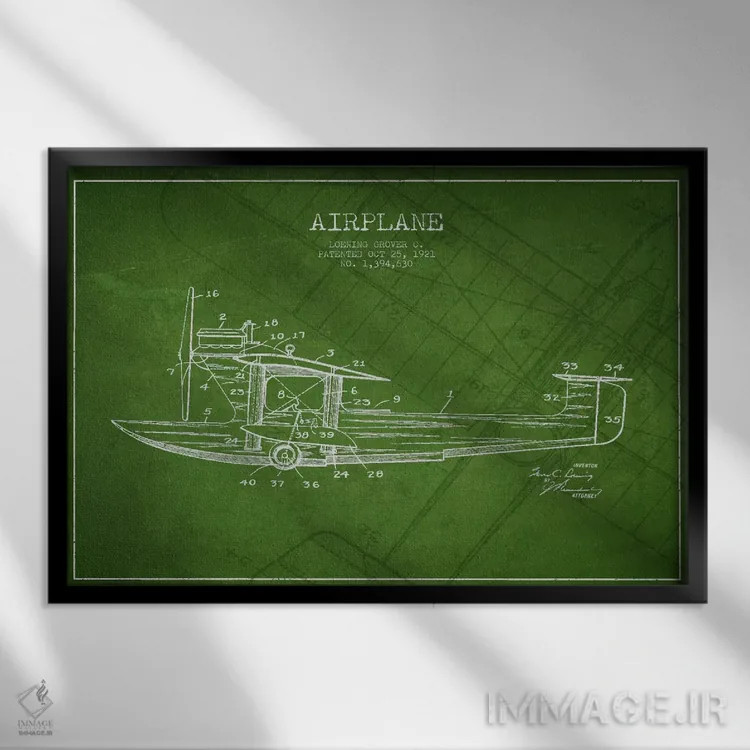 تابلو نقشهٔ ثبت اختراع هواپیما (سبز) اثر پیکسل کهنه (استودیو/نام هنری) - نمای قابدار مشکی