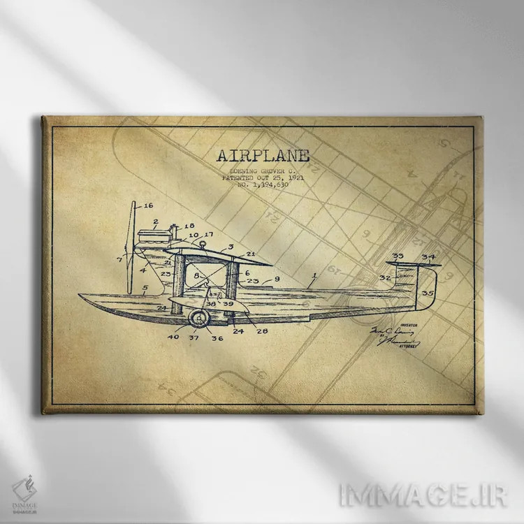 تابلو نقشهٔ ثبت اختراع قدیمی هواپیما اثر پیکسل کهنه (استودیو/نام هنری) - نمای روبهرو روی دیوار