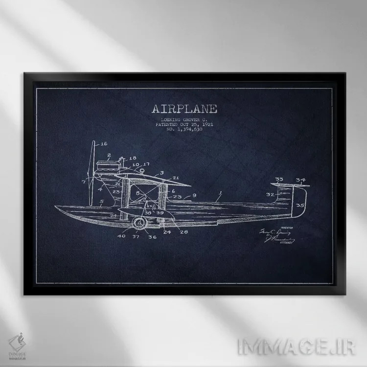 تابلو نقشهٔ ثبت اختراع هواپیما (آبی نفتی) اثر پیکسل کهنه (استودیو/نام هنری) - نمای قابدار مشکی