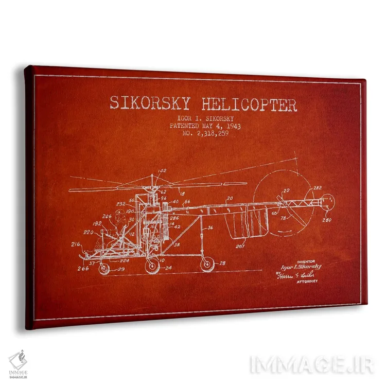 تابلو نقشهٔ ثبت اختراع هلیکوپتر (قرمز) اثر پیکسل کهنه (استودیو/نام هنری) - نمای پرسپکتیو محصول