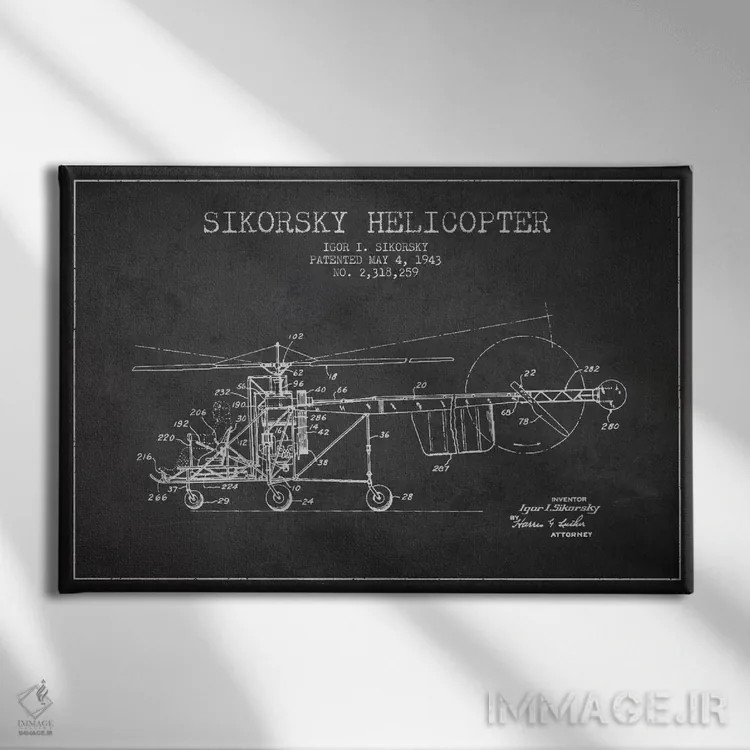 تابلو نقشهٔ ثبت اختراع هلیکوپتر (زغالی) اثر پیکسل کهنه (استودیو/نام هنری) - نمای روبهرو روی دیوار