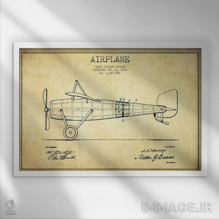 تابلو نقشهٔ ثبت اختراع قدیمی هواپیما اثر پیکسل کهنه (استودیو/نام هنری) - نمای قابدار سفید