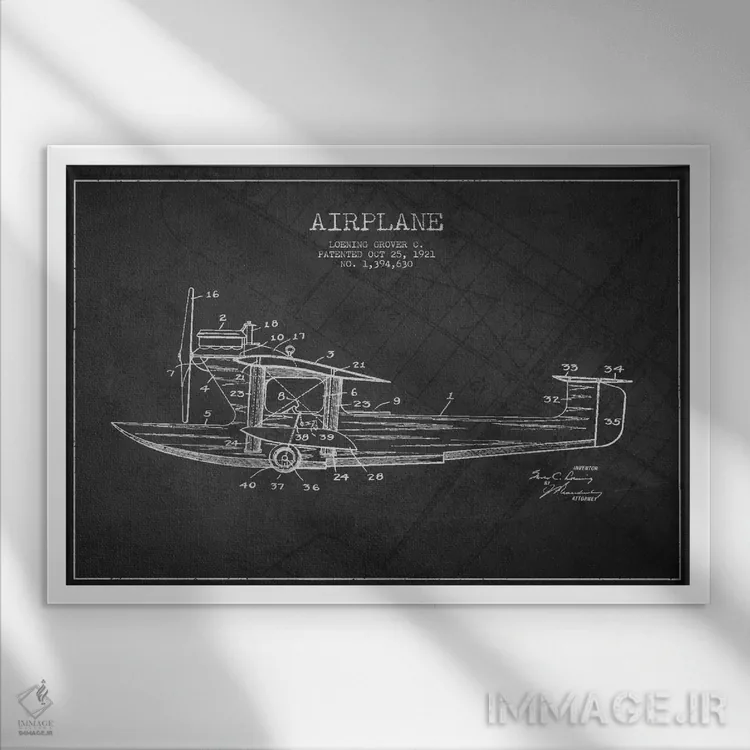 تابلو نقشهٔ ثبت اختراع هواپیما (زغالی) اثر پیکسل کهنه (استودیو/نام هنری) - نمای قابدار سفید