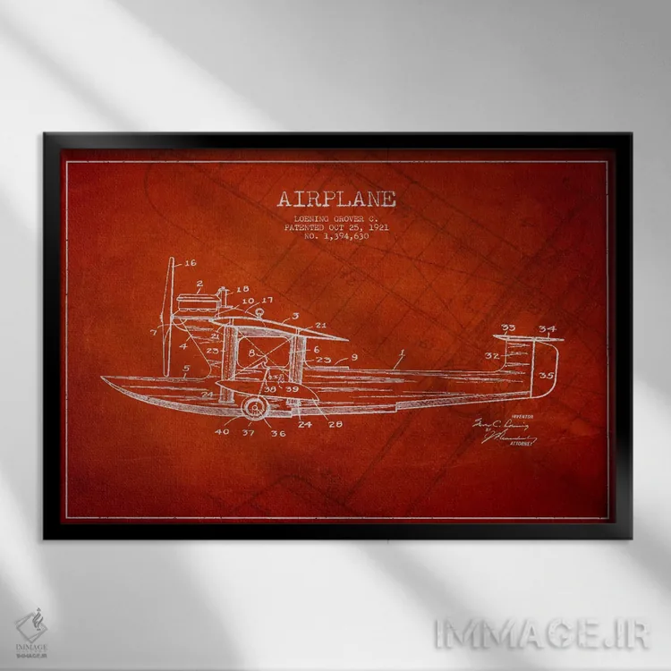 تابلو نقشهٔ ثبت اختراع هواپیما (قرمز) اثر پیکسل کهنه (استودیو/نام هنری) - نمای قابدار مشکی