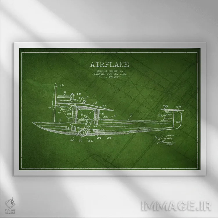 تابلو نقشهٔ ثبت اختراع هواپیما (سبز) اثر پیکسل کهنه (استودیو/نام هنری) - نمای قابدار سفید