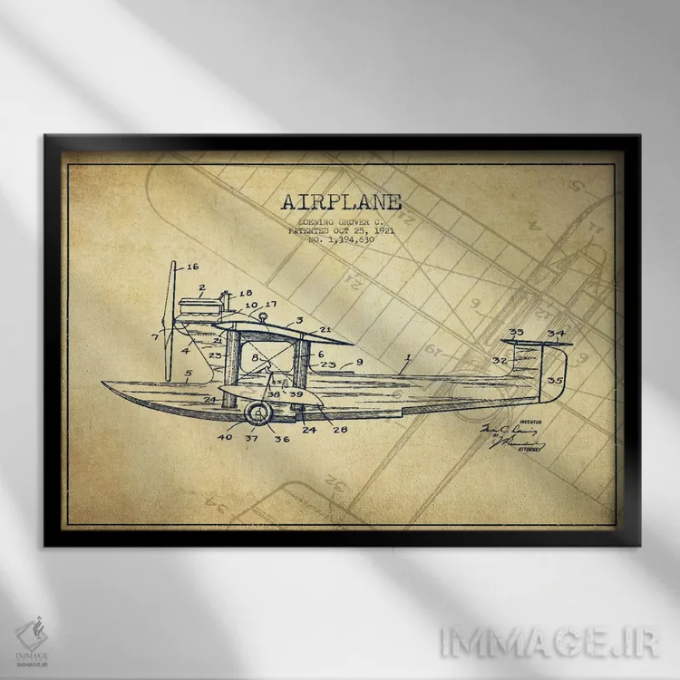 تابلو نقشهٔ ثبت اختراع قدیمی هواپیما اثر پیکسل کهنه (استودیو/نام هنری) - نمای قابدار مشکی