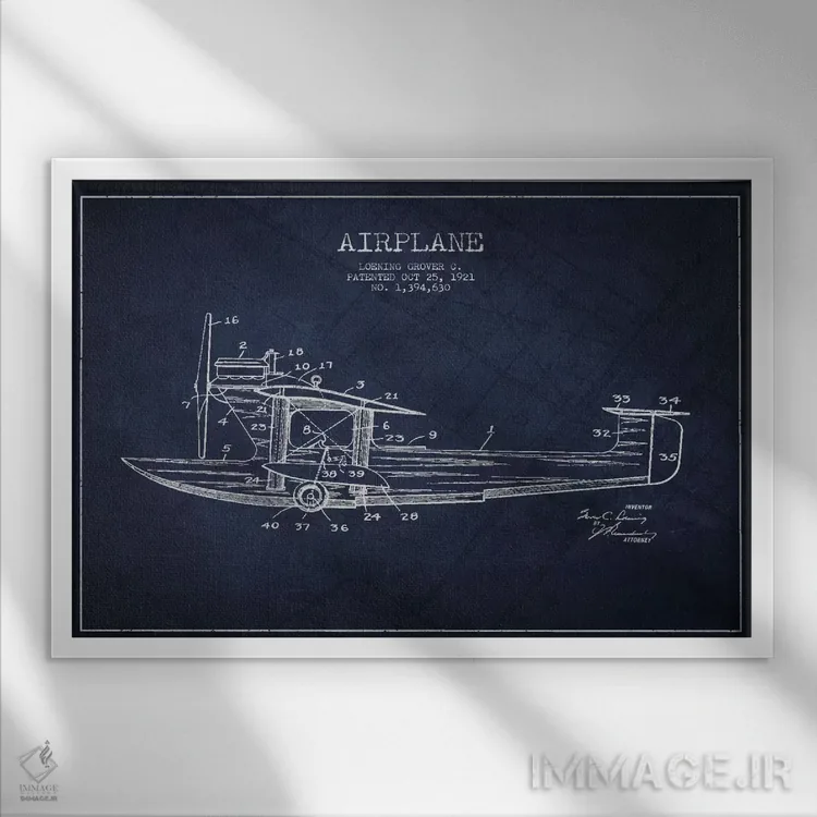 تابلو نقشهٔ ثبت اختراع هواپیما (آبی نفتی) اثر پیکسل کهنه (استودیو/نام هنری) - نمای قابدار سفید