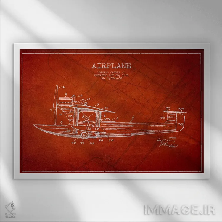 تابلو نقشهٔ ثبت اختراع هواپیما (قرمز) اثر پیکسل کهنه (استودیو/نام هنری) - نمای قابدار سفید