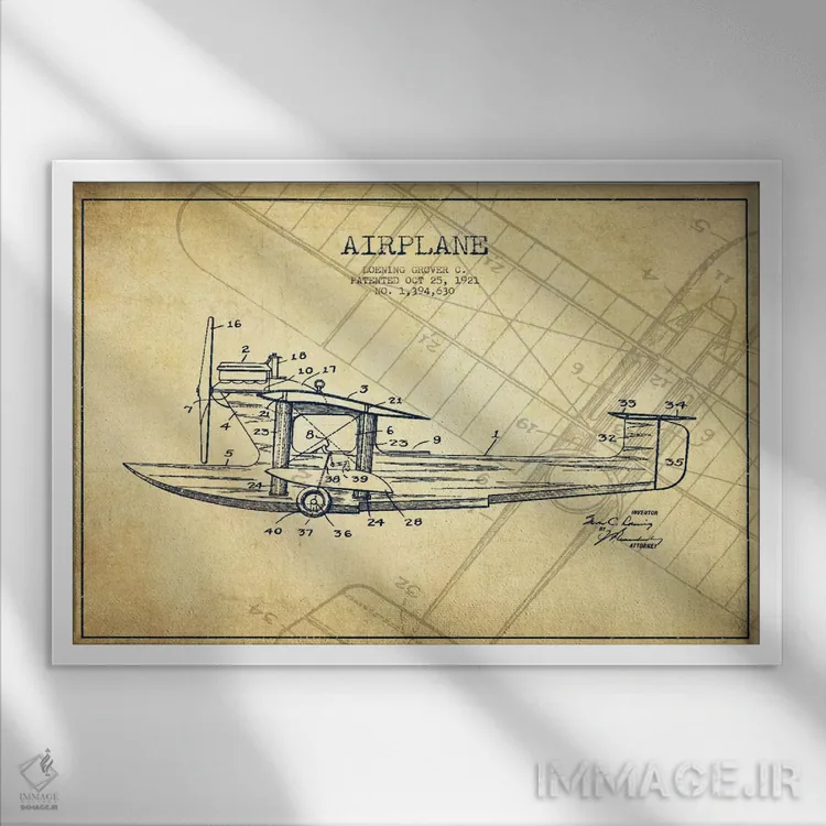 تابلو نقشهٔ ثبت اختراع قدیمی هواپیما اثر پیکسل کهنه (استودیو/نام هنری) - نمای قابدار سفید