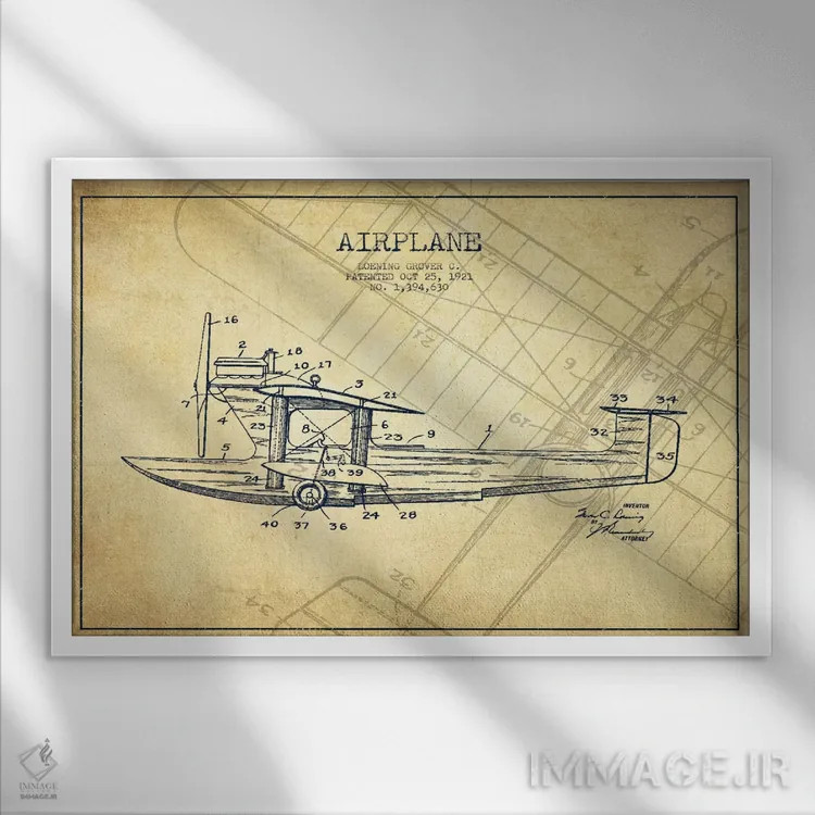 تابلو نقشهٔ ثبت اختراع قدیمی هواپیما اثر پیکسل کهنه (استودیو/نام هنری) - نمای قابدار سفید