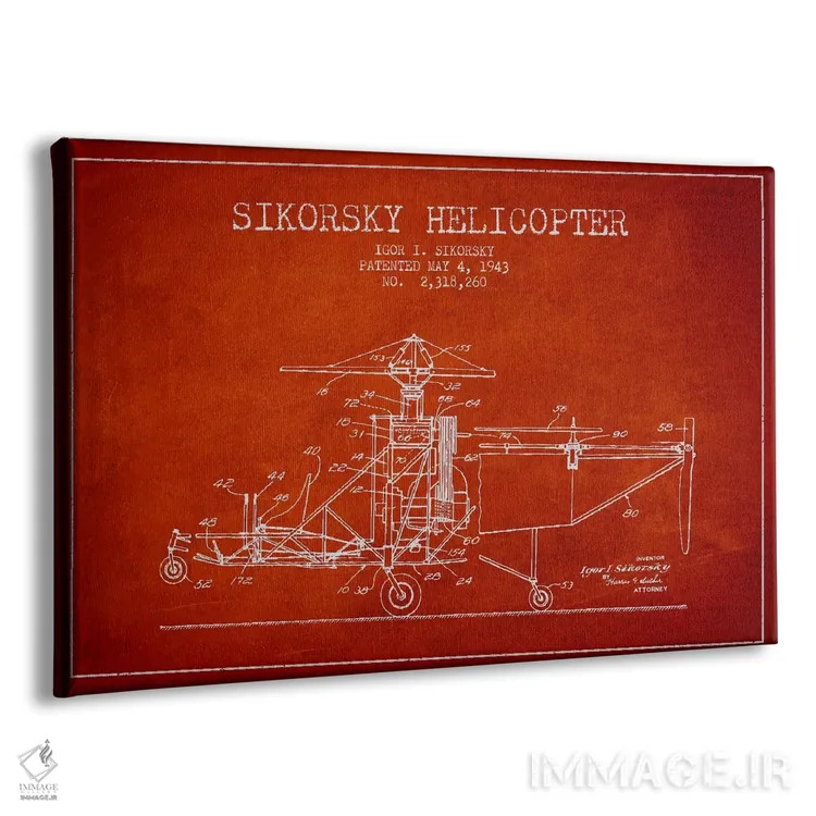 تابلو نقشهٔ ثبت اختراع هلیکوپتر (قرمز) اثر پیکسل کهنه (استودیو/نام هنری) - نمای پرسپکتیو محصول
